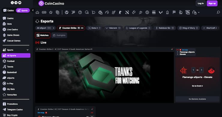 A snapshot of CoinCasino, one of our top rated cryptocurrency betting platforms.